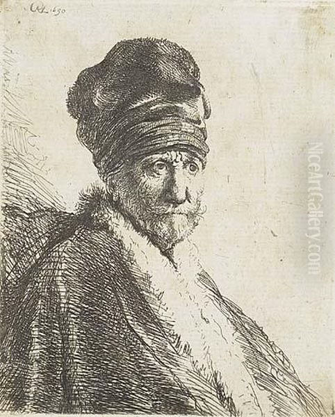 Bust Of A Man Wearing A High Cap; Three-quarters Right (the Artist's Father ?) Oil Painting by Rembrandt Van Rijn