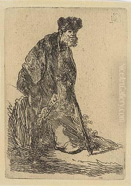 Man In A Coat And Fur Cap Leaning Against A Bank Oil Painting by Rembrandt Van Rijn