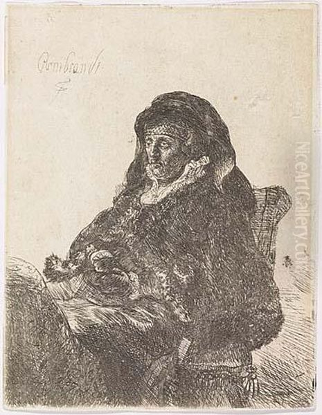 The Artist's Mother Seated, In Widow's Dress And Black Gloves Oil Painting by Rembrandt Van Rijn