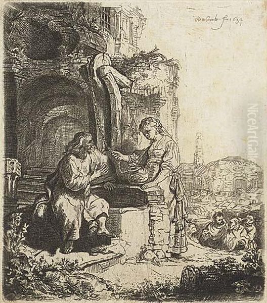 Christ And The Woman Of Samaria Among Ruins Oil Painting by Rembrandt Van Rijn