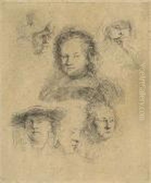 Sheet Of Studies: Head Of Saskia And Others Oil Painting by Rembrandt Van Rijn