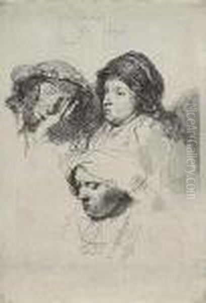 Three Heads Of Women: One Asleep Oil Painting by Rembrandt Van Rijn