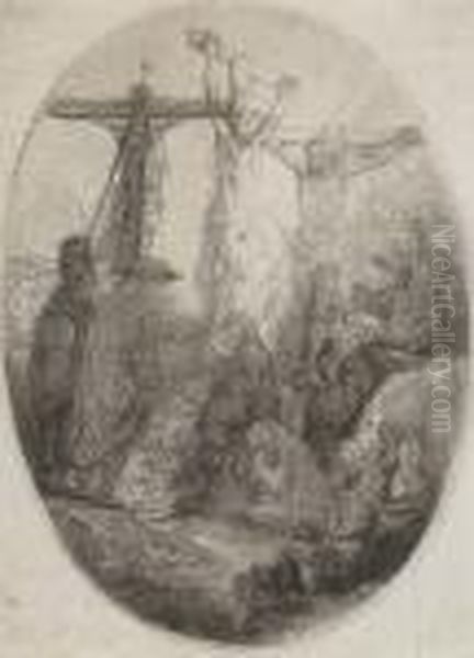 Christ Crucified Between The Two Thieves: An Oval Plate Oil Painting by Rembrandt Van Rijn