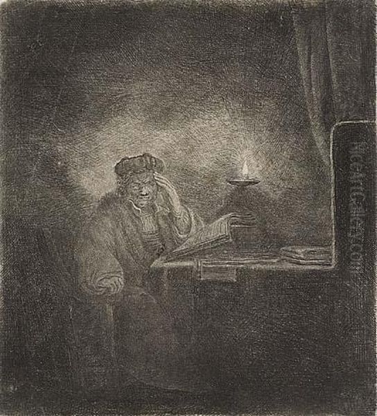 A Student At A Table By Candlelight Oil Painting by Rembrandt Van Rijn