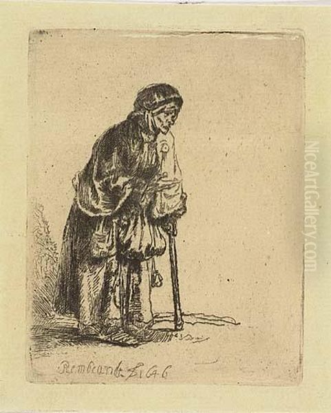 Beggar Woman Leaning On A Stick Oil Painting by Rembrandt Van Rijn