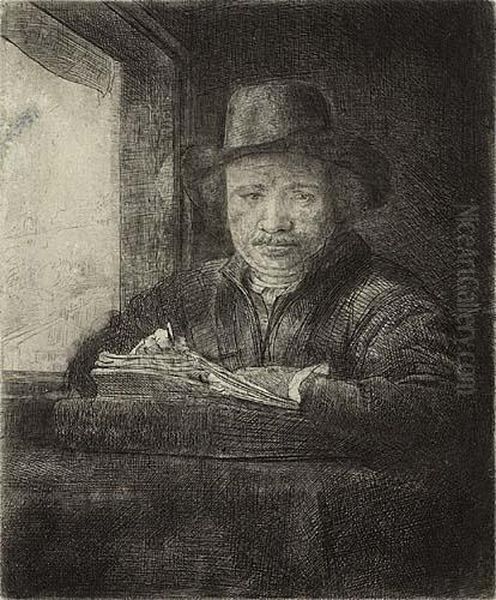 Self Portrait Drawing At A Window Oil Painting by Rembrandt Van Rijn