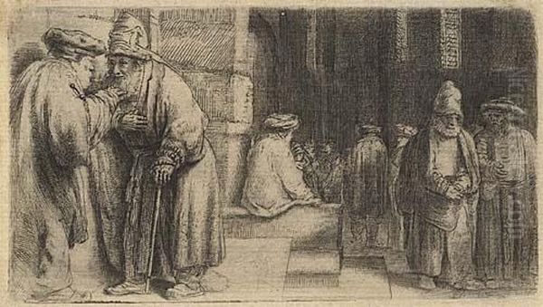 Jews In The Synagogue Oil Painting by Rembrandt Van Rijn