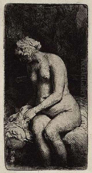 Woman Bathing Her Feet At A Brook Oil Painting by Rembrandt Van Rijn