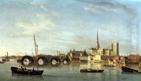 The Building of Westminster Bridge with an imaginary view of Westminster Abbey, c.1742 Oil Painting by Samuel Scott