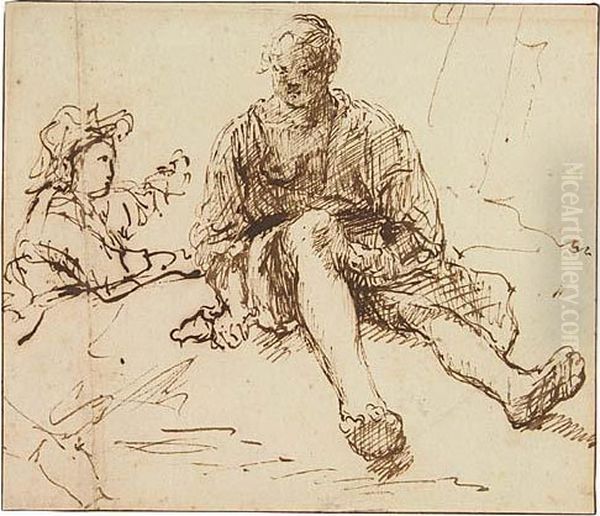 A Young Woman In Nightclothes 
Seated On A Bed, With A Young Man Behind Her.<</b> Oil Painting by Rembrandt Van Rijn