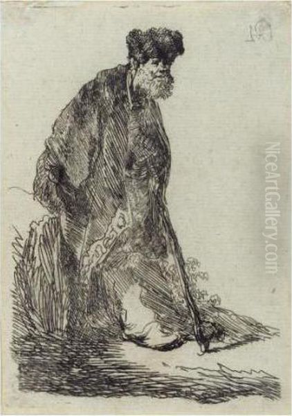 Man In A Cloak And Fur Cap 
Leaning Against A Bank (bartsch, Hollstein 151; Hind 14; 
Biorkland/barnard. 30-6) Oil Painting by Rembrandt Van Rijn