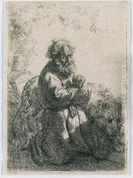 St. Jerome Kneeling In Prayer, Looking Down (b., Holl. 102; H. 140; Bb. 35-h) Oil Painting by Rembrandt Van Rijn