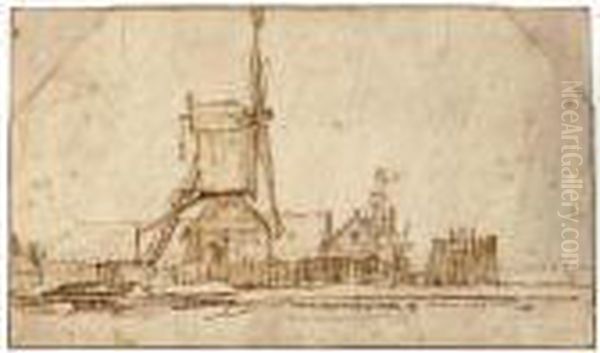 Landscape With A Windmill And Other Buildings Oil Painting by Rembrandt Van Rijn