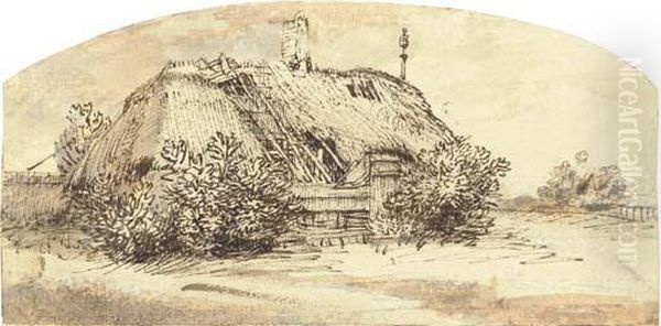 A Ruined Thatched Cottage Overgrown With Bushes Oil Painting by Rembrandt Van Rijn