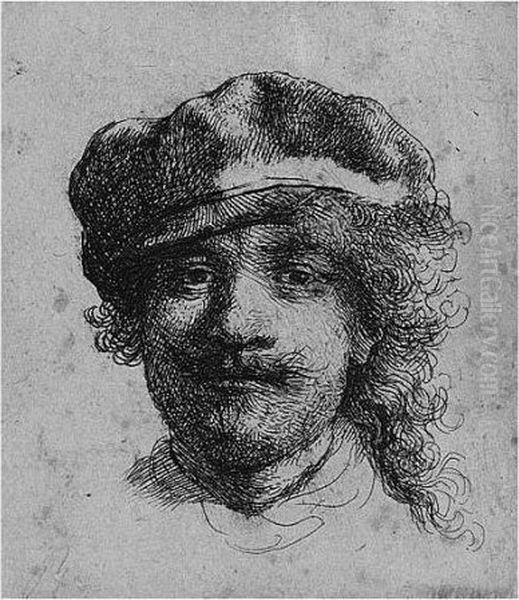 Self Portrait Wearing A Soft Cap: Full Face, Head Only (b., Holl.2; H.57; Bb.34-1) Oil Painting by Rembrandt Van Rijn