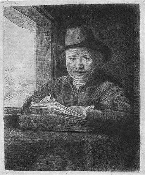 Self Portrait Drawing At A Window (b., Holl.22; H.229; Bb.48-a) Oil Painting by Rembrandt Van Rijn