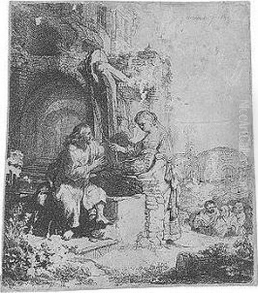 Christ And The Woman Of Samaria Among Ruins (b., Holl. 71; 122; Bb. 34-l) Oil Painting by Rembrandt Van Rijn