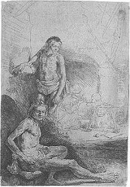 Nude Man Seated And Another 
Standing With A Woman And Baby Lightly Etched In The Background (b., 
Holl.194; H.222; Bb.46-1) Oil Painting by Rembrandt Van Rijn