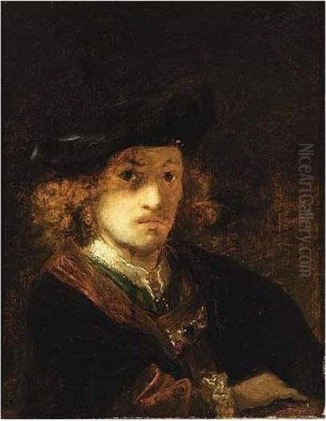 A Portrait Of A Man, Bust Length, Wearing A Fur-trimmed Black Coat And A Oil Painting by Rembrandt Van Rijn