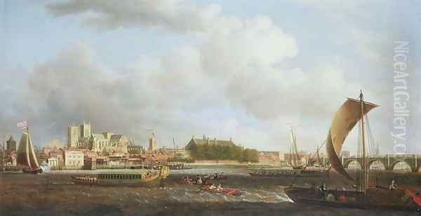 Westminster from Lambeth, with the ceremonial barge of the Ironmongers Company, c.1745 Oil Painting by Samuel Scott