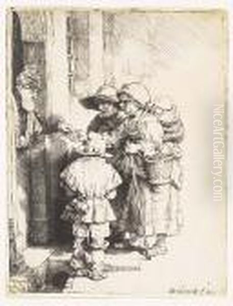 Beggars Receiving Alms At A Door<</b> Oil Painting by Rembrandt Van Rijn