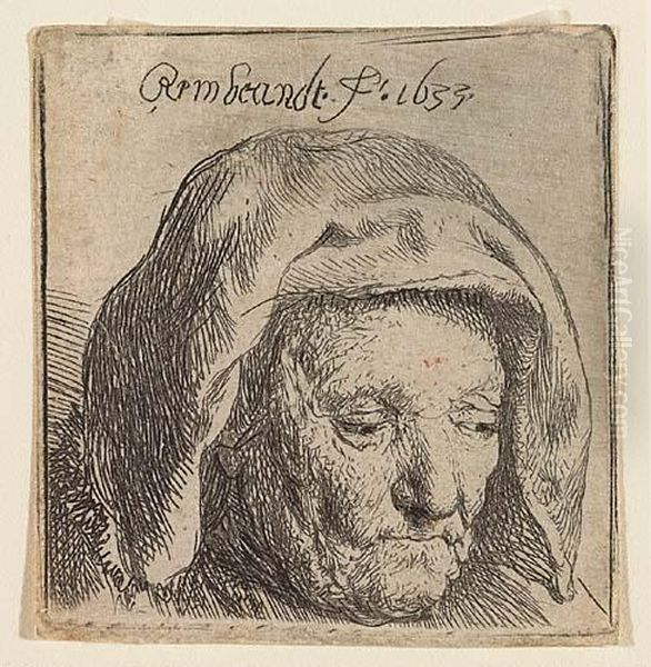 The Artist's Mother In A Cloth Headress, Looking Down<</b> Oil Painting by Rembrandt Van Rijn