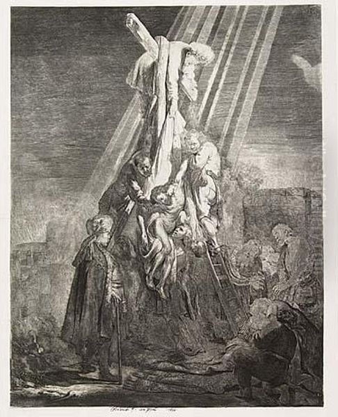 The Descent From The Cross: Second Plate<</b> Oil Painting by Rembrandt Van Rijn