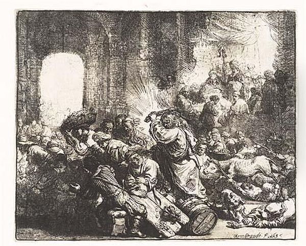 Christ Driving The Money Changers From The Temple<</b> Oil Painting by Rembrandt Van Rijn