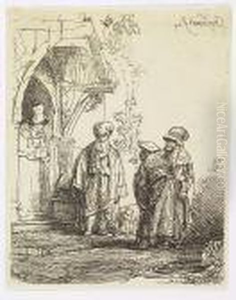 Three Oriental Figures (jacob And Laban ?)<</b> Oil Painting by Rembrandt Van Rijn