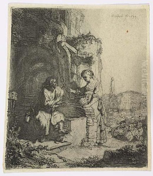 Christ And The Woman Of Samaria Among Ruins<</b> Oil Painting by Rembrandt Van Rijn