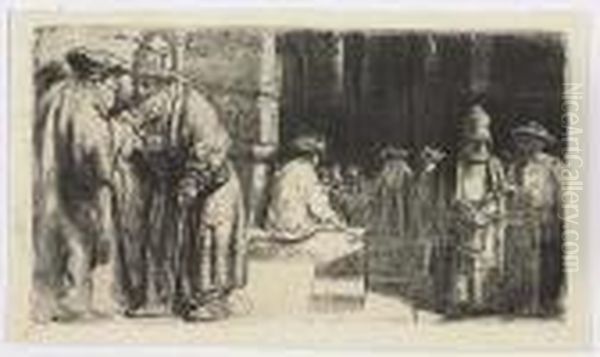 Jews In The Synagogue<</b> Oil Painting by Rembrandt Van Rijn