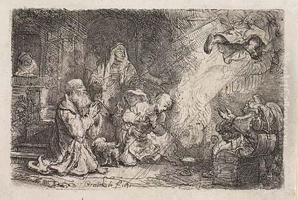 The Angel Departing From The Family Of Tobias<</b> Oil Painting by Rembrandt Van Rijn