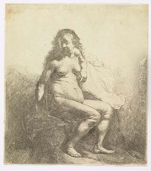 Nude Woman Seated On A Mound<</b> Oil Painting by Rembrandt Van Rijn