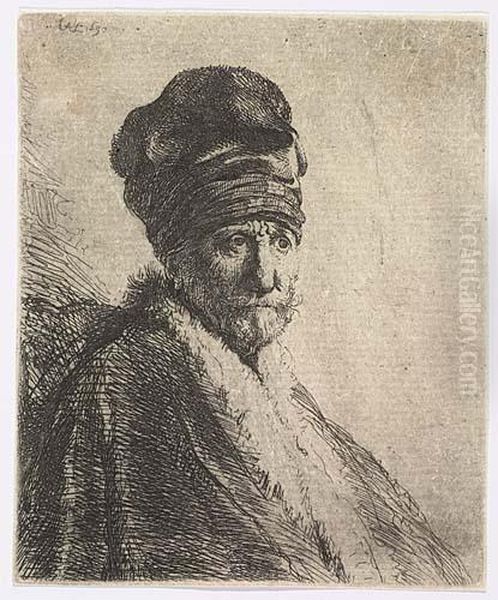 Bust Of A Man Wearing A High 
Cap; Three-quarters Right (the Artist's Father ?)<</b> Oil Painting by Rembrandt Van Rijn