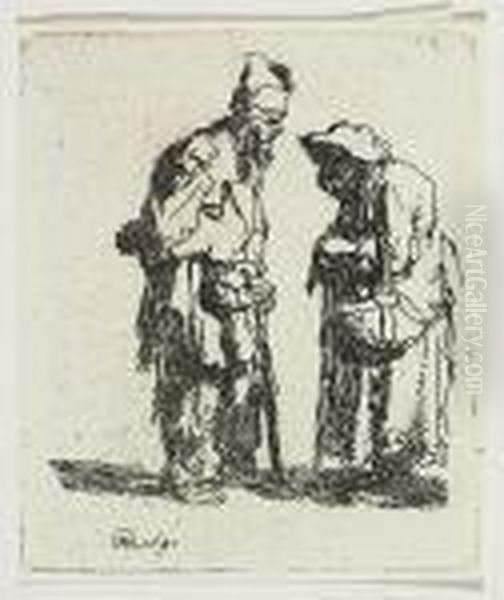 Beggar Man And Beggar Woman Conversing<</b> Oil Painting by Rembrandt Van Rijn