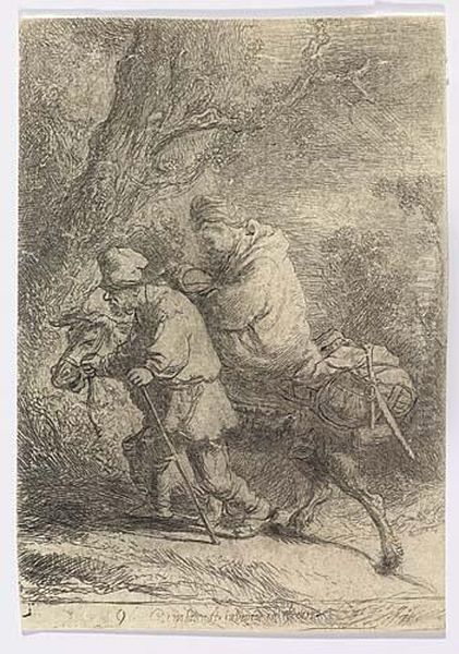 The Flight Into Egypt: Small Plate<</b> Oil Painting by Rembrandt Van Rijn