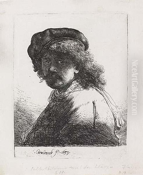 Self Portrait In A Cap And Scarf With The Face Dark: Bust<</b> Oil Painting by Rembrandt Van Rijn