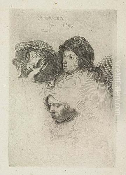 Three Heads Of Women: One Asleep<</b> Oil Painting by Rembrandt Van Rijn