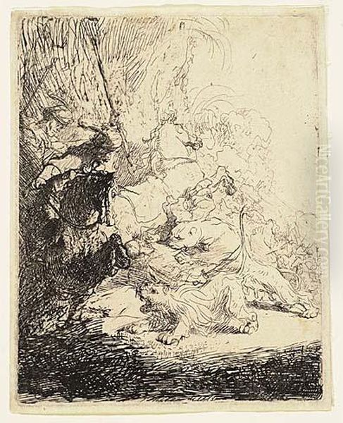 The Small Lion Hunt<</b> Oil Painting by Rembrandt Van Rijn