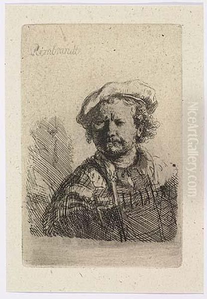 Self Portrait In A Flat Cap And Embroidered Dress<</b> Oil Painting by Rembrandt Van Rijn