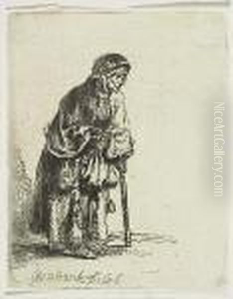 Beggar Woman Leaning On A Stick<</b> Oil Painting by Rembrandt Van Rijn