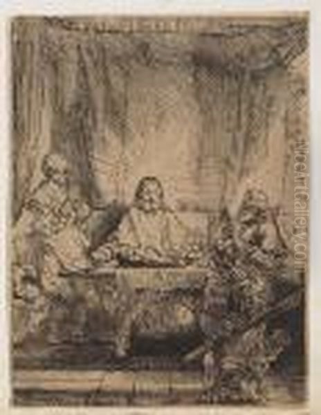 Christ At Emmaus: The Larger Plate<</b> Oil Painting by Rembrandt Van Rijn