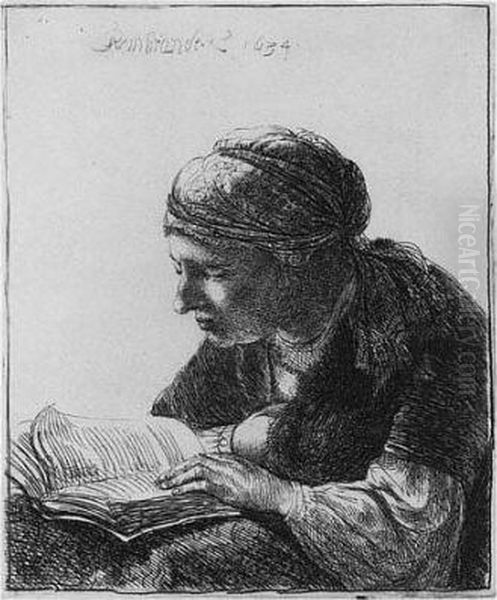 A Woman Reading (b., Holl. 345; H. 113; Bb. 34-d) Oil Painting by Rembrandt Van Rijn