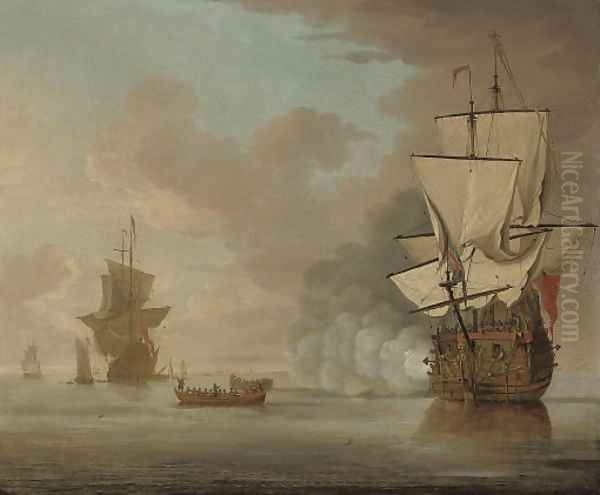 An English man-o'war saluting the flagship as she gets underway from her anchorage Oil Painting by Samuel Scott