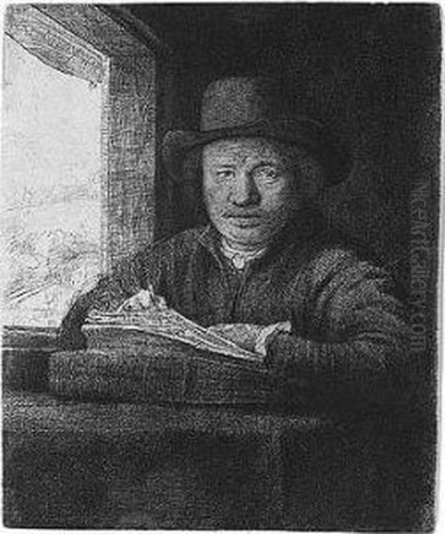 Self Portrait Drawing At A Window (b., Holl.22; H.229; Bb.48-a) Oil Painting by Rembrandt Van Rijn