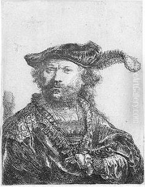 Self Portrait In A Velvet Cap With Plume (b., Holl. 20; H.156; Bb.38-b) Oil Painting by Rembrandt Van Rijn