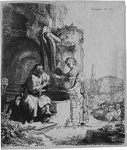 Christ And The Woman Of Samaria Among Ruins (b., Holl.71; H.122; Bb.34-l) Oil Painting by Rembrandt Van Rijn