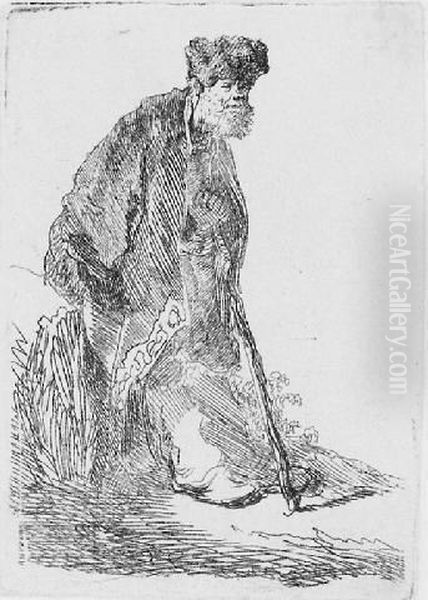 Man In A Coat And Fur Cap Leaning Against A Bank (b., Holl. 151; H. 14; Bb. 30-6) Oil Painting by Rembrandt Van Rijn