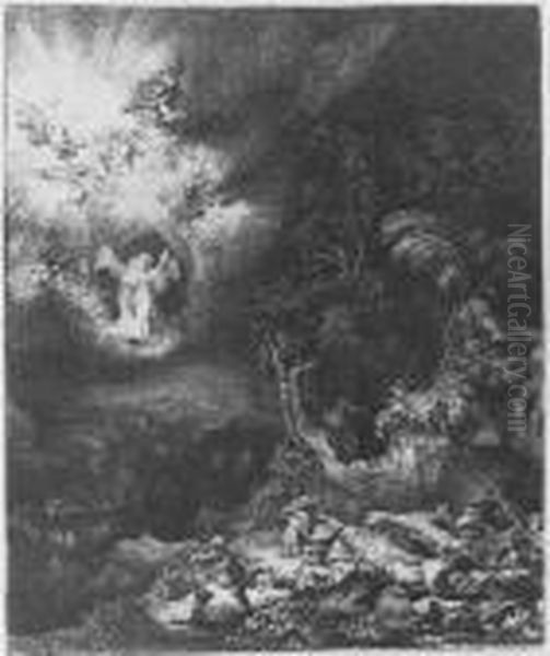 The Angel Appearing To The Shepherds (b., Holl. 44; H. 120; Bb. 34-j) Oil Painting by Rembrandt Van Rijn