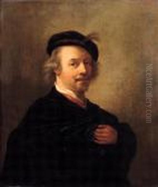 Portrait Of The Artist, Small Half Length, Wearing A Black Cape Andfeathered Cap Oil Painting by Rembrandt Van Rijn